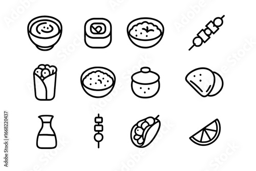 Mediterranean-Asian Icon Grid. Outline icon set of Mediterranean-Asian fusion: hummus bowl, sushi roll,