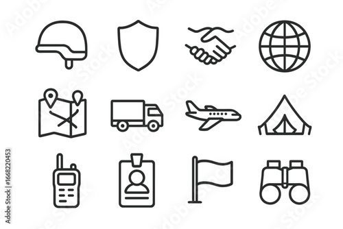Peacekeeping Mission Icons. Outline icon set of peacekeeping missions: helmet, shield, handshake, globe, map,