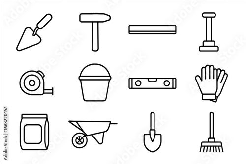Paving Tools Icons. Outline icon set of paving tools: paving trowel, brick hammer, screed board, tamper,