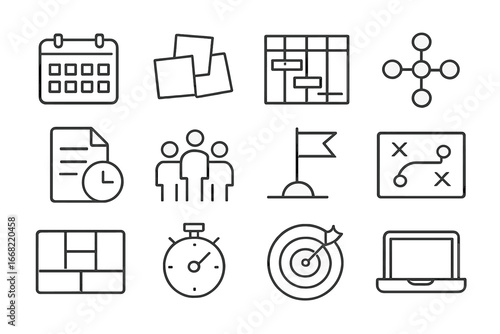 Startup Planning Icon Set. Outline icon set of startup planning session: calendar, sticky notes, Gantt chart,