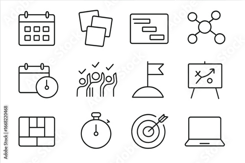 Startup Planning Icon Set. Outline icon set of startup planning session: calendar, sticky notes, Gantt chart,