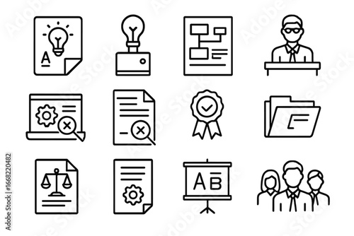 Patent Litigation Icons. Outline icon set of patent litigation: patent drawing, invention prototype, claim