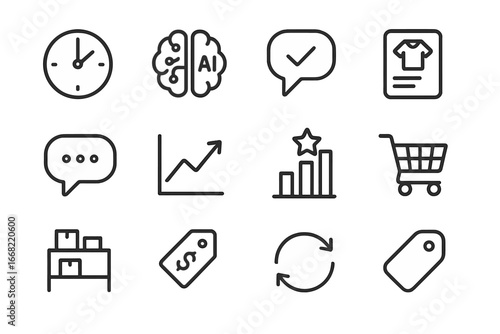 Personalization Tools Icons. Outline icon set of real-time personalization tools: clock, AI brain,