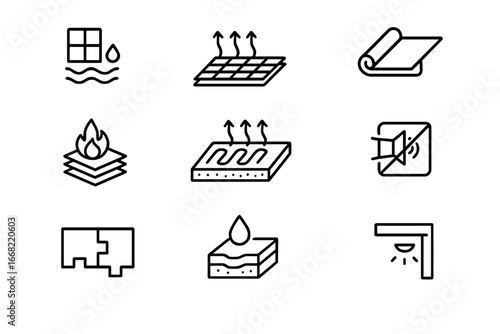 Basement Flooring Icons. Outline icon set of basement flooring solutions: damp-proof tile, vapor barrier mat,