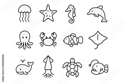 Sea Creatures Icons. Outline icon set of sea creatures: jellyfish, starfish, seahorse, dolphin, octopus, crab,