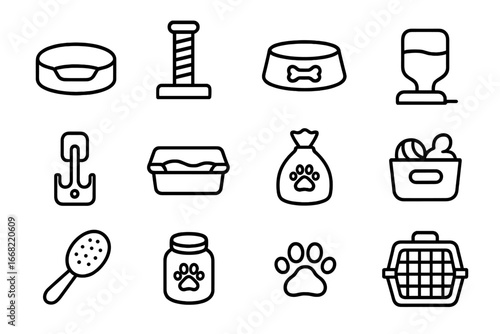Pet Amenities Icons. Outline icon set of pet amenities at work: pet bed, scratching post, food bowl, water