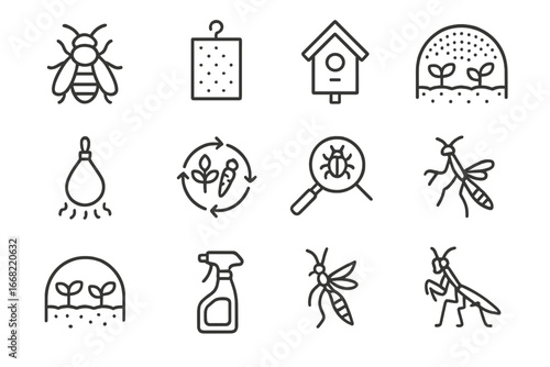 Pest Management Icons. Outline icon set of pest management in crops: beneficial insect, sticky trap, birdhouse