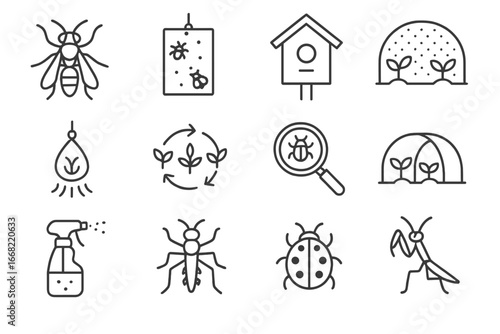 Pest Management Icons. Outline icon set of pest management in crops: beneficial insect, sticky trap, birdhouse