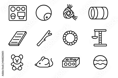 Pet Enrichment Icon Set. Outline icon set of pet enrichment toys: puzzle feeder, treat ball, rope knot, tunnel