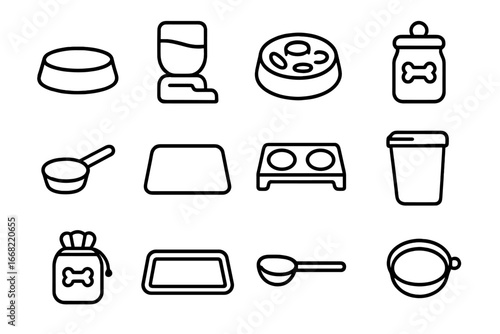Pet Feeding Icons. Outline icon set of pet feeding accessories: food bowl, water dispenser, slow feeder, treat