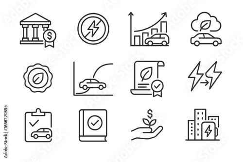 EV Industry Icons. Outline icon set of EV industry and policy: government grant, EV tax symbol, incentive