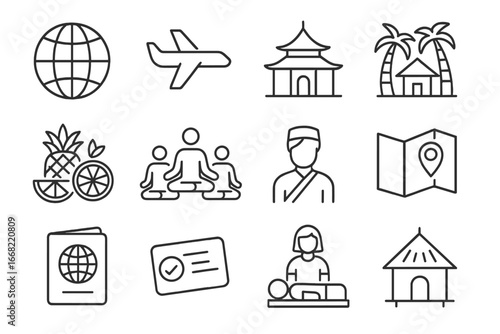 Wellness Travel Icons. Outline icon set of international wellness getaways: world globe, airplane icon, temple