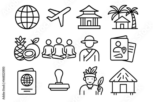 Wellness Travel Icons. Outline icon set of international wellness getaways: world globe, airplane icon, temple