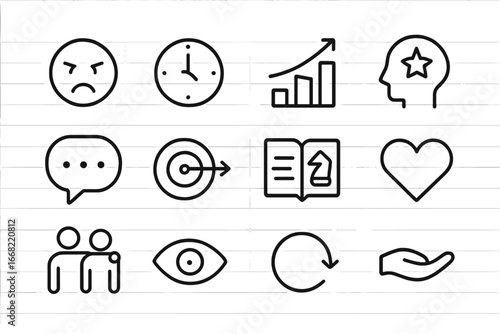 Language Learning Icons. Outline icon set of overcoming language learning challenges: frustration emoji, time