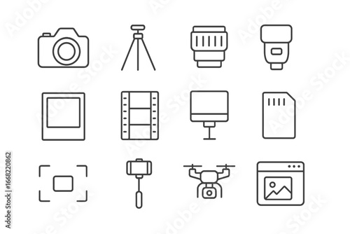 Photography Icon Set. Outline icon set of photography in pop culture: DSLR camera, tripod, lens, flash,