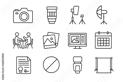 Photography Tools Icons. Outline icon set of bespoke client photography: camera, lens, studio lights, tripod,