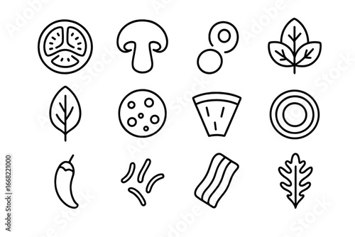 Pizza Toppings Icons. Outline icon set of fresh pizza toppings: sliced tomato, mushroom, olive, basil leaf,