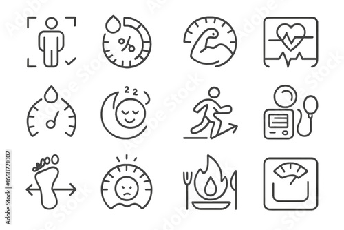 Body Metrics Icons. Outline icon set of body metrics tracking: BMI icon, fat percentage, muscle mass, heart