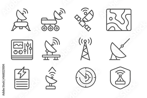 Planetary Exploration Icons. Outline icon set of planetary exploration communication: lander dish, rover