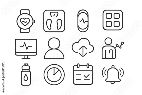 Smart Wellness Icon Set. Outline icon set of smart wellness ecosystem: watch face, connected scale, fitness