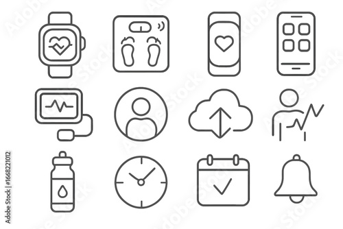 Smart Wellness Icon Set. Outline icon set of smart wellness ecosystem: watch face, connected scale, fitness