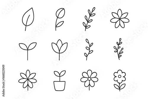 Minimalist Botanical Icons. Outline icon set of minimalist botanical icons: mono leaf, single stem, small bud,