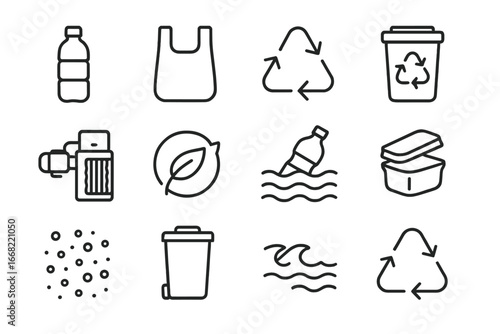 Plastic Waste Icon Set. Outline icon set of plastic waste management: plastic bottle, plastic bag, recycling
