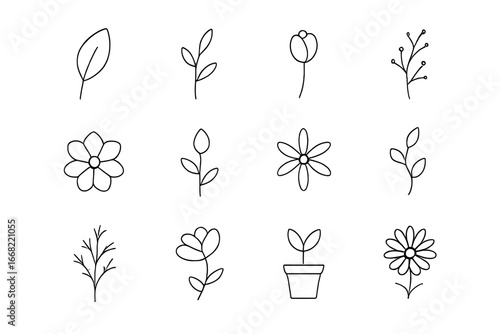 Minimalist Botanical Icons. Outline icon set of minimalist botanical icons: mono leaf, single stem, small bud,
