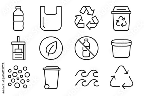 Plastic Waste Icon Set. Outline icon set of plastic waste management: plastic bottle, plastic bag, recycling