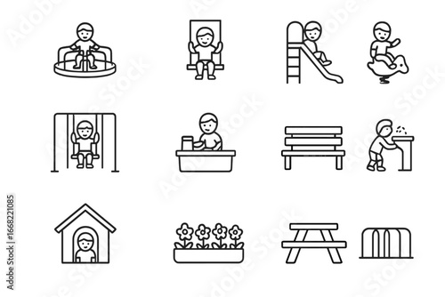 Playground Icon Set. Outline icon set of children in playground settings: merry-go-round, swing, slide, monkey