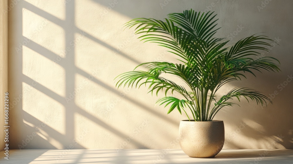 Obraz premium A potted palm tree with green leaves in a room with sunlight and shadow patterns on a beige wall