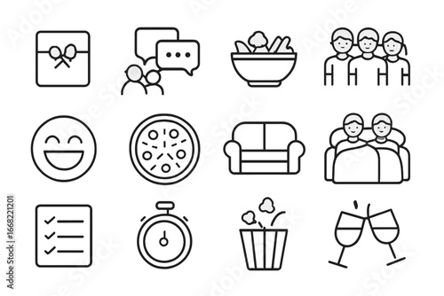 Friends Movie Night Icons. Outline icon set of friends movie gathering: invite icon, group chat, shared snacks