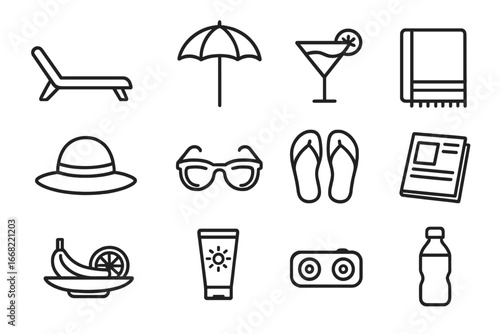 Poolside Relaxation Icons. Outline icon set of poolside relaxation: lounge chair, umbrella, cocktail glass,
