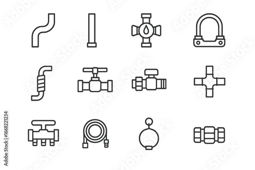 Plumbing Icons Grid. Outline icon set of hot and cold water lines: red pipe, blue pipe, mixer valve, pipe clip