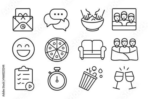 Friends Movie Night Icons. Outline icon set of friends movie gathering: invite icon, group chat, shared snacks