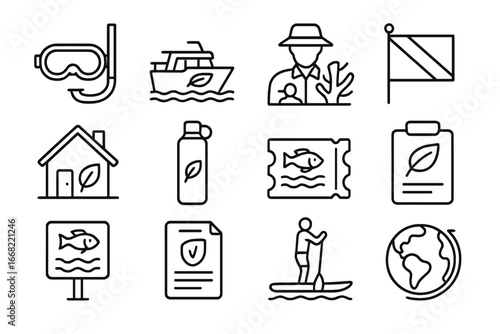 Sustainable Marine Tourism Icons. Outline icon set of sustainable marine tourism: snorkeling mask, eco tour