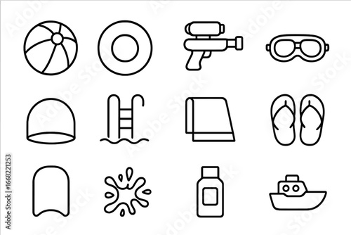 Pool Play Icons. Outline icon set of kids playing in the pool: beach ball, inflatable ring, water gun, goggles