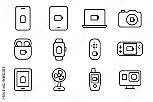 Portable Electronics Icons. Outline icon set of portable electronics with batteries: smartphone, tablet,