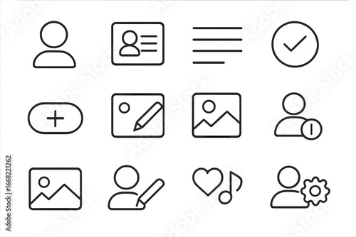 Online Profile Icons. Outline icon set of online identity and profiles: user avatar, profile badge, bio text,