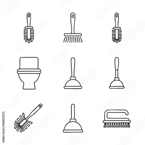Collection of outline icons for bathroom cleaning tools toilet brush plunger toilet bowl and more