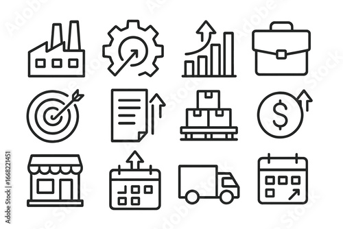 Production Growth Icons. Outline icon set of scaling up production: factory, gear, chart, briefcase, arrow up,