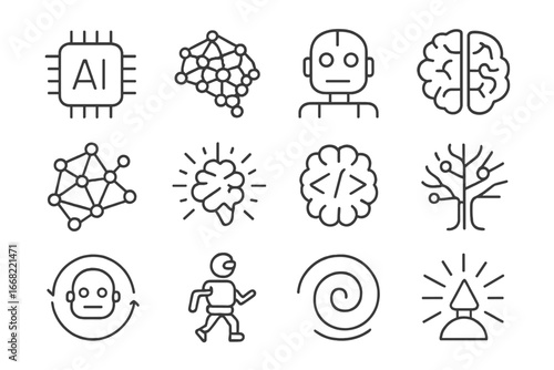 AI Evolution Icons. Outline icon set of synthetic intelligence evolution: basic AI, advanced neural net, AGI
