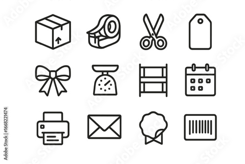 Product Packaging Icons. Outline icon set of product packaging station: box, tape dispenser, scissors, label,