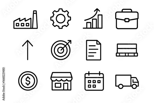 Production Growth Icons. Outline icon set of scaling up production: factory, gear, chart, briefcase, arrow up,
