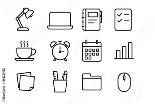 Productivity Icons Set. Outline icon set of productivity boosters: desk lamp, laptop, planner, to-do list,