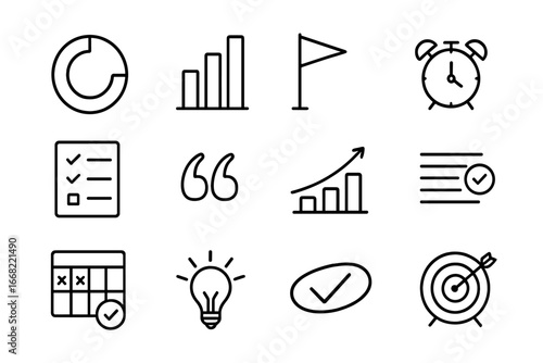 Productivity Icons Grid. Outline icon set of productivity tracking: progress circle, bar chart, goal flag,