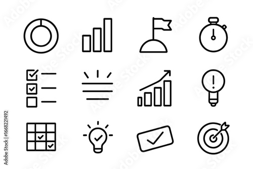 Productivity Icons Grid. Outline icon set of productivity tracking: progress circle, bar chart, goal flag,