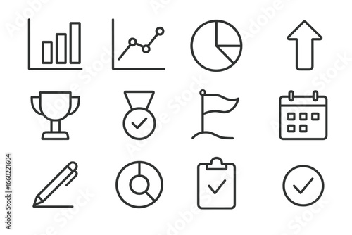 Progress Icons Set. Outline icon set of visual progress tracking: bar chart, line chart, pie chart, arrow,