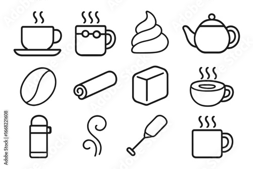 Hot Drinks Icon Set. Outline icon set of hot drinks for cold days: tea cup, cocoa mug, whipped cream, teapot,