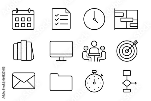 Project Management Icons. Outline icon set of project management: calendar, checklist, clock, gantt chart,